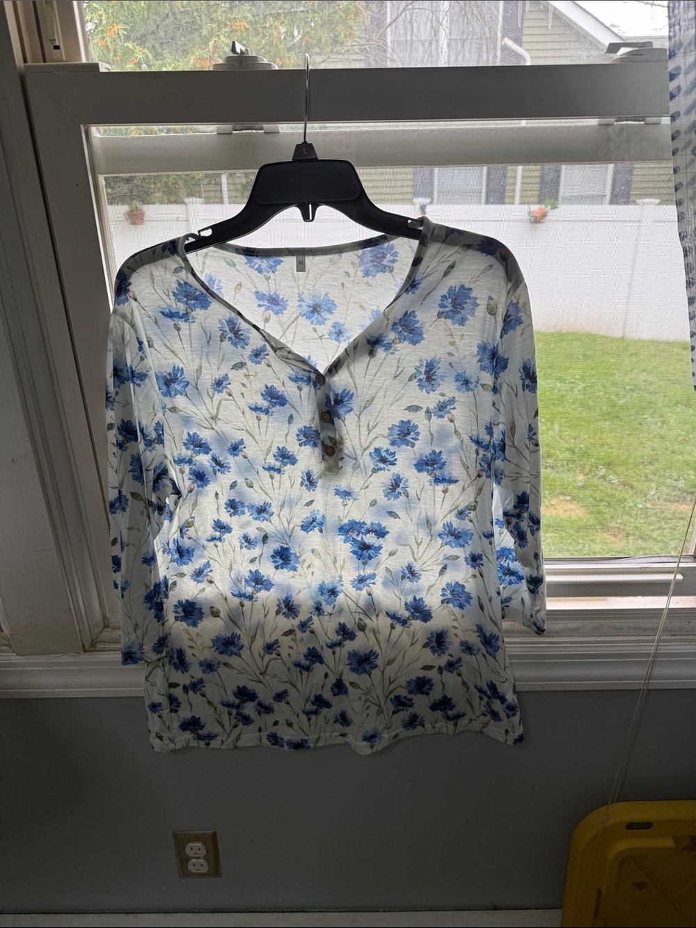 Women's White Floral Henley Blouse with Blue Bloom Print